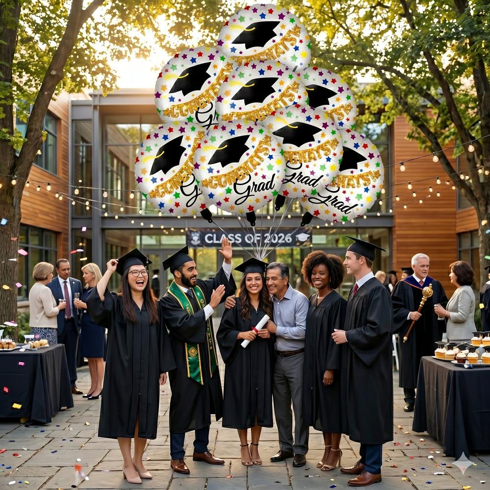 8 Pcs 18 Inch Congrats Grad Foil Balloons, Colorful Stars Graduation Round Mylar Balloons Kit, College Graduation Party Decorations