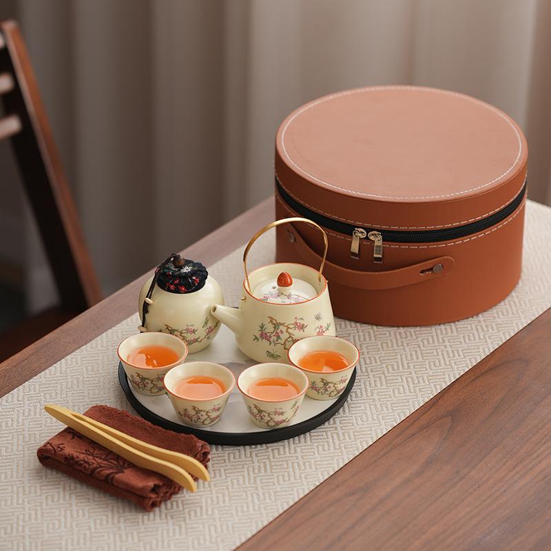 Wisteria flower Ru kiln travel tea set outdoor brewing teapot portable express passenger carry-on car open teapot