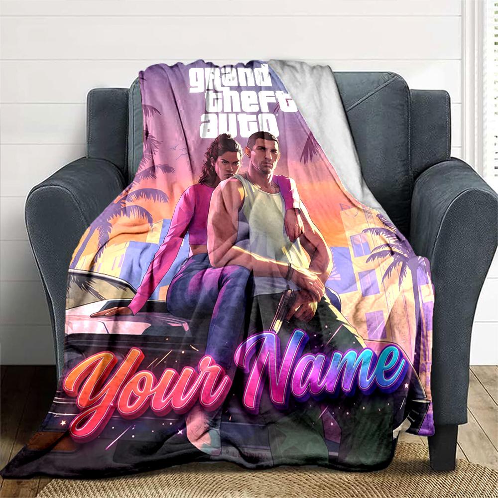 1pc Personalized Name GTA Blanket, Gift, for Men and Women, Soft Blanket, Good for Sofa Bed Couch Travel, Lightweight Flannel Blanket