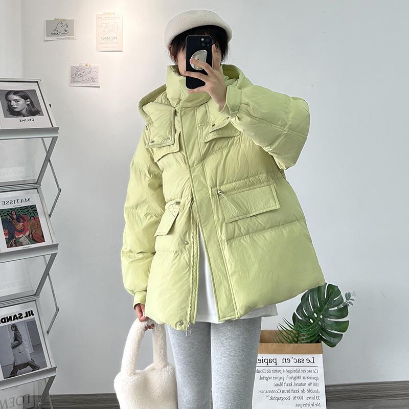 Hooded white duck down jacket women's 2024 winter new Dongmen waist tooling warm small jacket tide