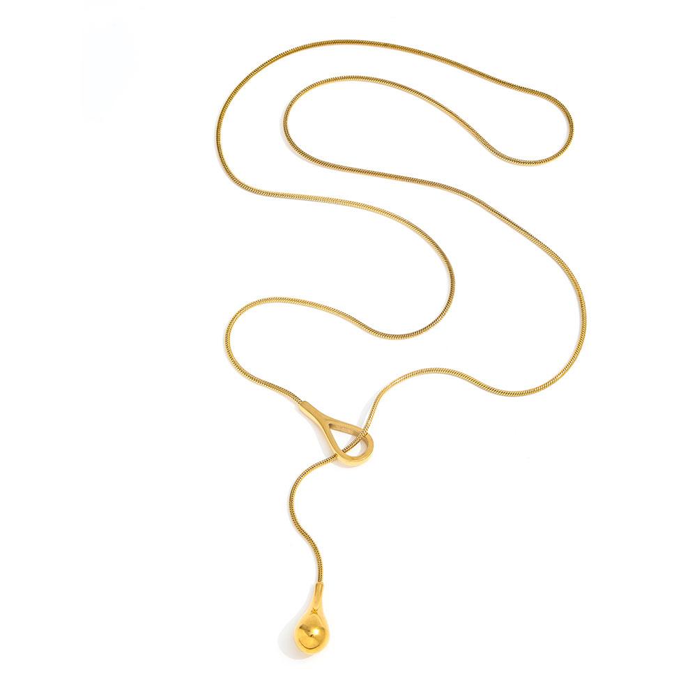 Fenny 18K PVD Gold Plated Stainless Steel Teardrop Pendant Adjustable Sweater Necklace Trendy for Women