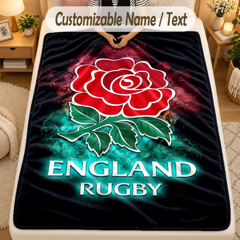 Flannel BlanketEngland Rugby Custom Name Text Personalized Soft Warm Throw Blanket Home Decor Gift