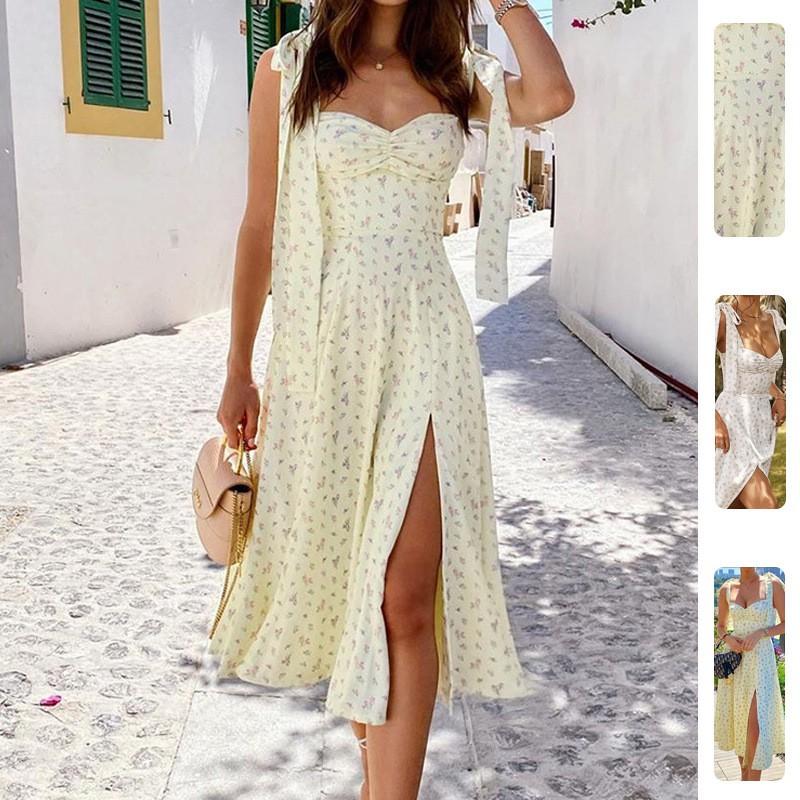 2026 Floral Print Backless Tie-Up Wrap Cami Dress High Waist Slim Fit Midi Women