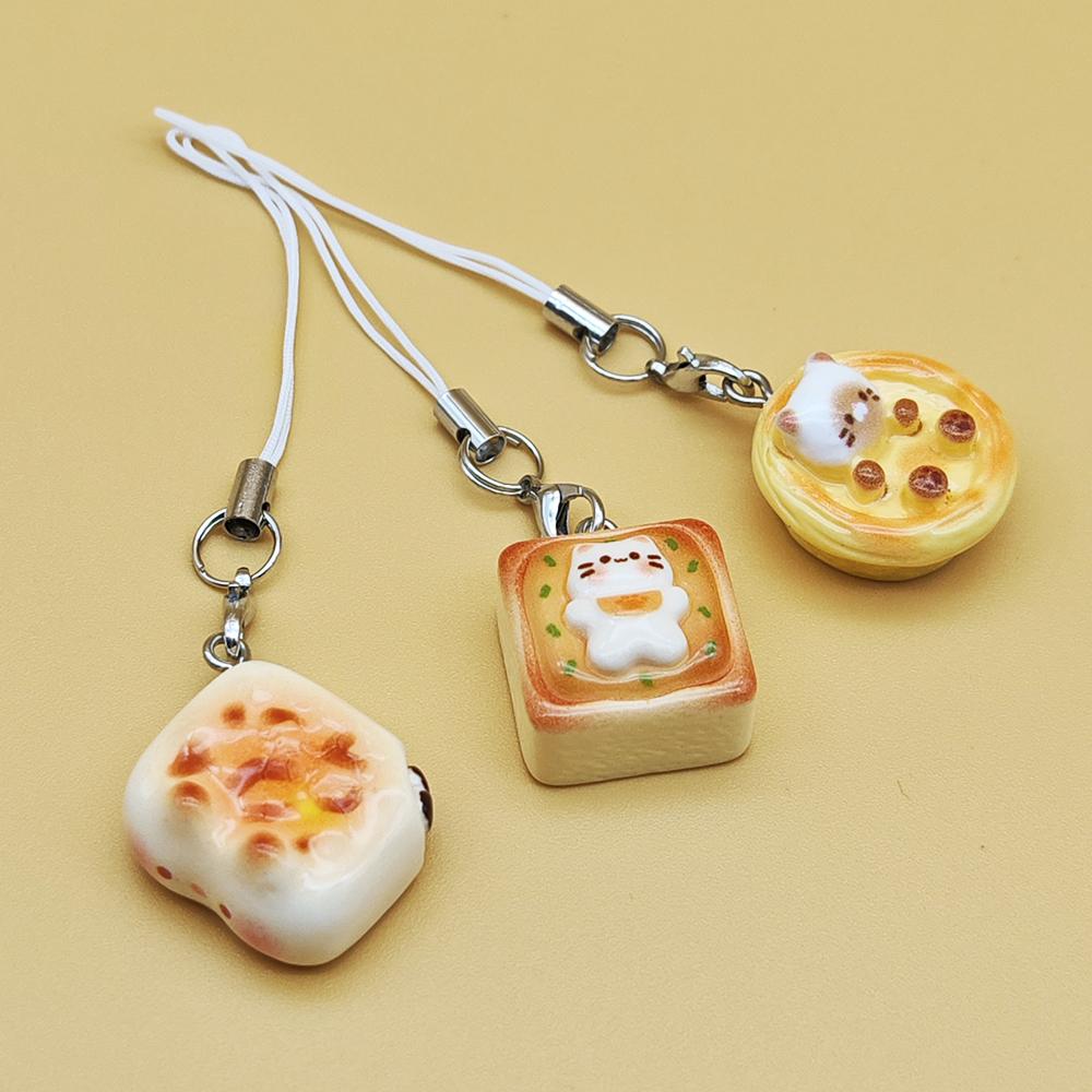 3 шт. Милая кошка в японском стиле, цепочка для телефона с хлебом, креативные брелоки, брелоки с тостом и котенком, шнурок для защиты от потери, универсальный шнурок для телефона