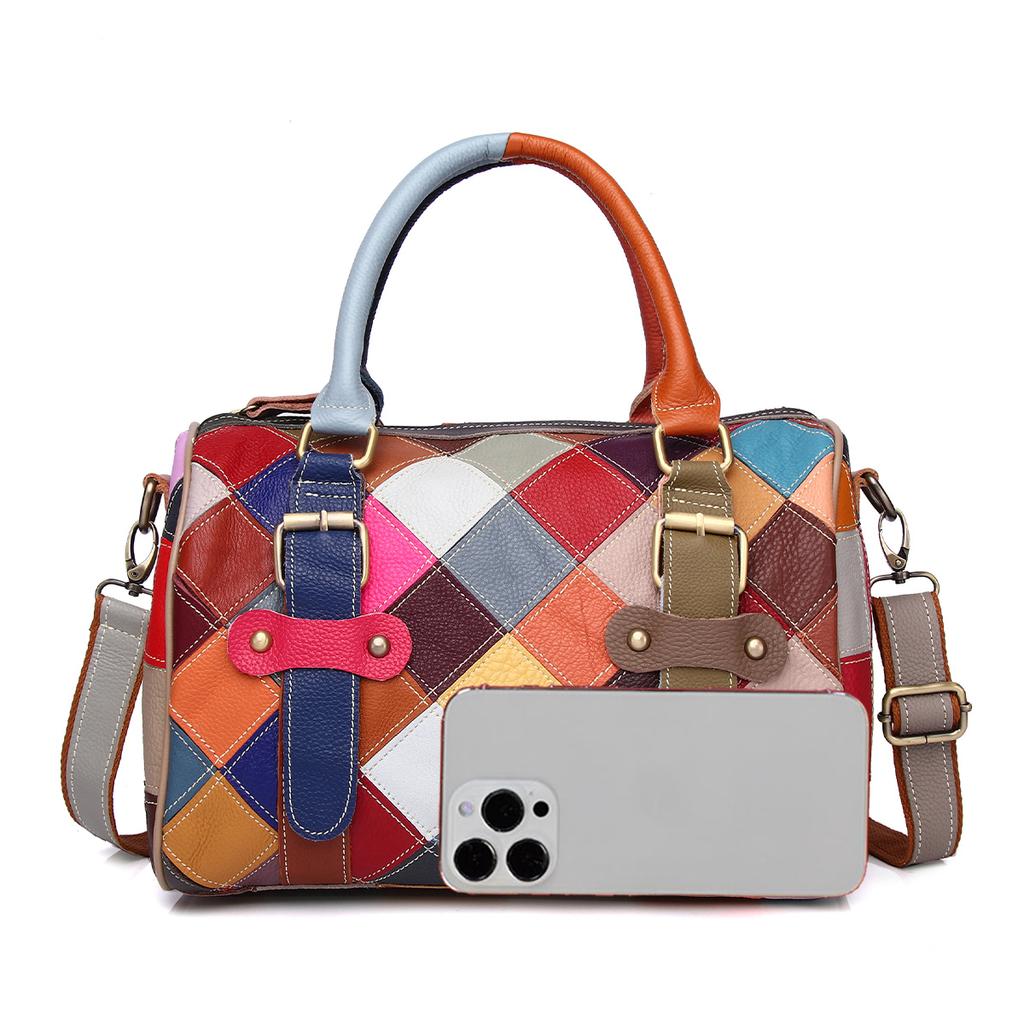 Patchwork Genuine Leather Bag for Women One Shoulder Checkered Pillow Bag Color Contrast Fashion Ladies