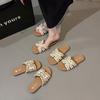 2025 Summer New Slippers Women's Small Fragrant Wind Square Head Flat Bottom One Word Pearl Casual Cool Slippers Women
