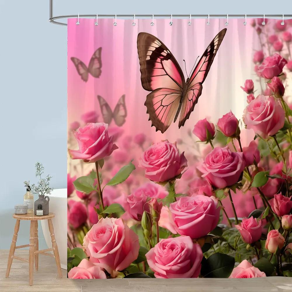 Красивая Цветочная Шторка для Душа Цветущий Цветок Бабочка Лотос Полиэстеровая Ткань Домашние Шторки для Душа Декор для Ванной Комнаты С Крючками
