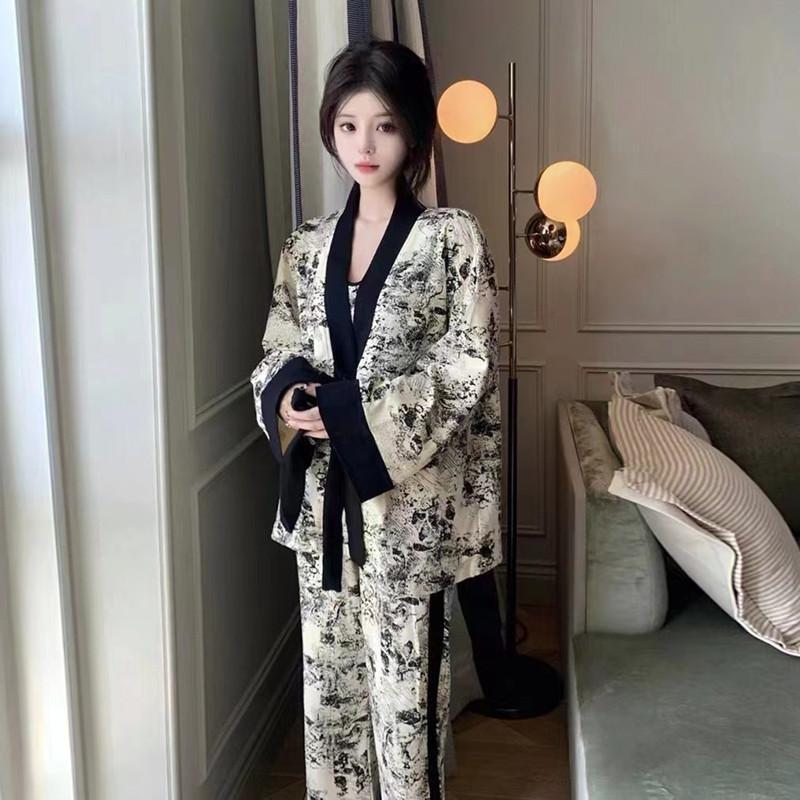 Women's Three-Piece Senior Sense Ice Silk Pajamas Long-Sleeved Shawls Summer Homewear Female Halter Trousers Lace Nightgown