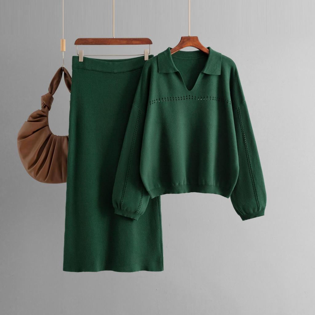 Autumn and Winter New Knit Sweater Set POLO Collar Ladies Simple Trend V-neck Solid Color Loose Slim Dress