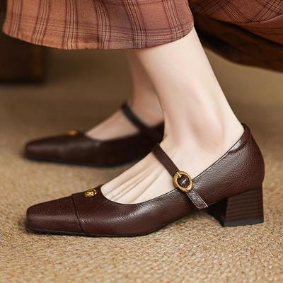 Овчина весна лето размер 43 размер 42 размер 41 толстый средний каблук женские квадратный носок туфли-лодочки металлические цветы для отдыха