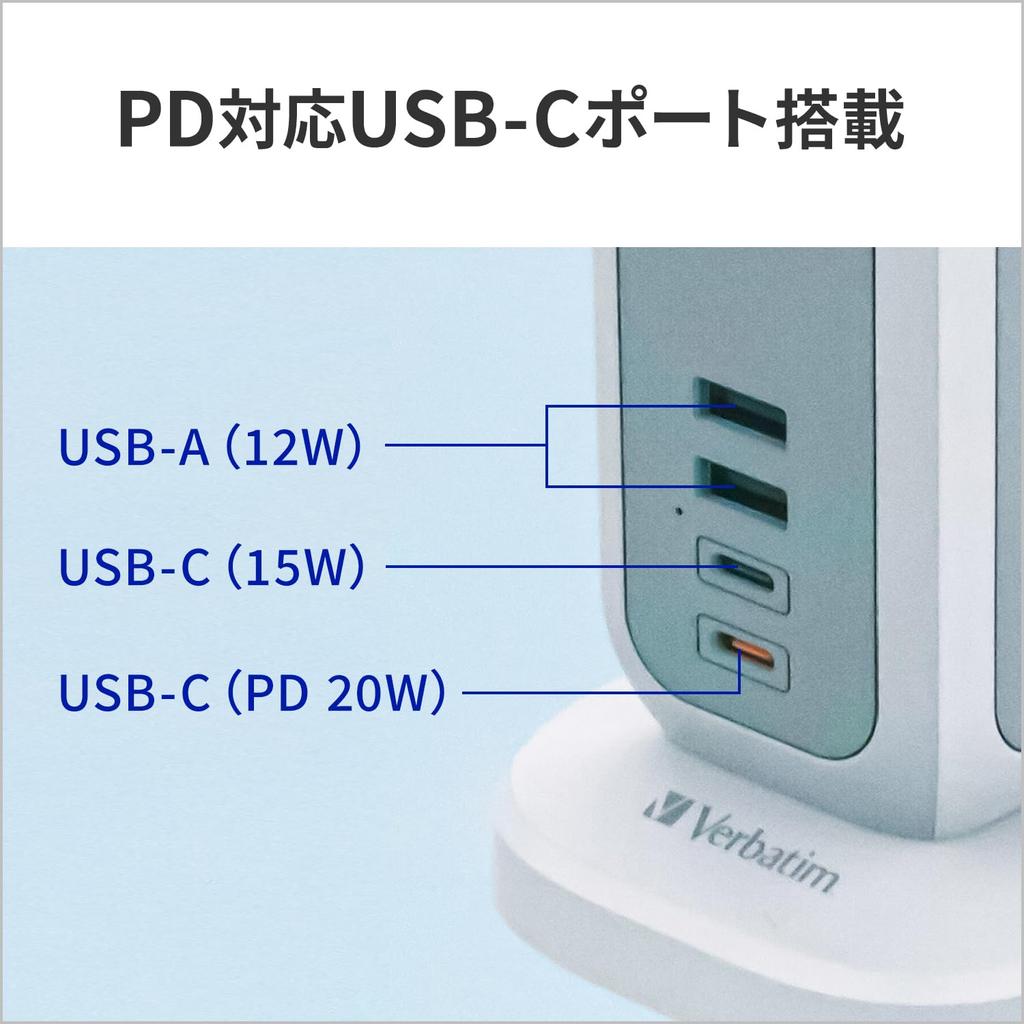 Удлинитель Verbatim Tower с 11 розетками, 4 портами USB (USB-C PD 20 Вт), Одновременная зарядка 15 устройств, удлинитель 1,5 м, настольный, быстрая зарядка