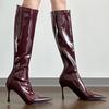 Универсальные эластичные тонкие ботинки женские зимние с острым носком до колена маленькие длинные ботинки на высоком каблуке 2025 новые красные ботинки
