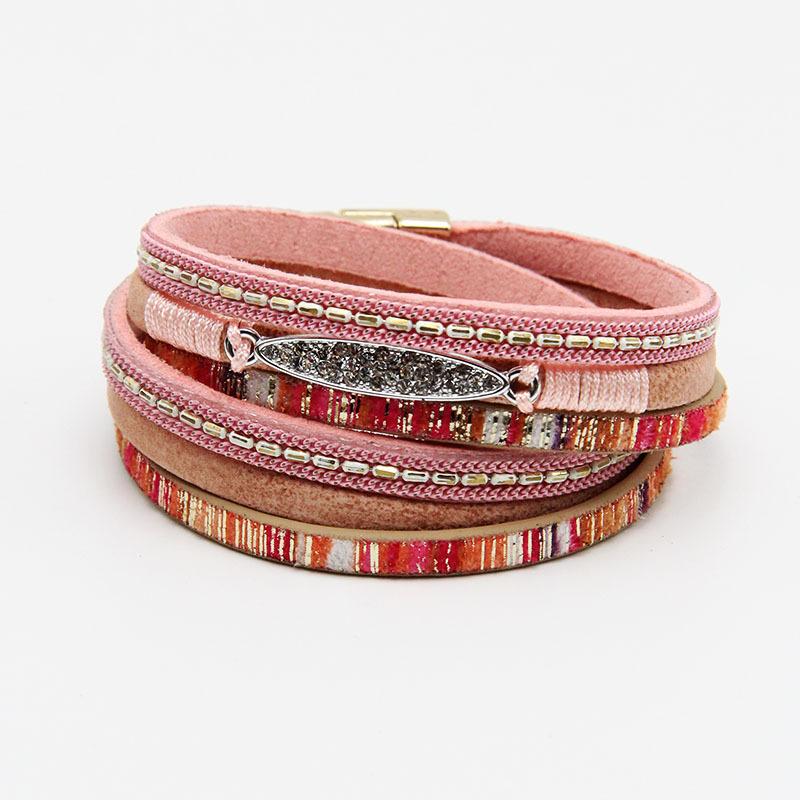Bransoletka damska boho różowa z kryształowym piórkiem 19,5 cm