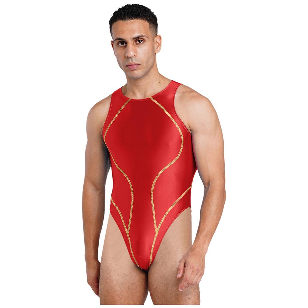Мужской bodysuit-купальник с высоким вырезом, блестящий, color block, швы, без рукавов, цельный, для пляжа, загара, S-XXL