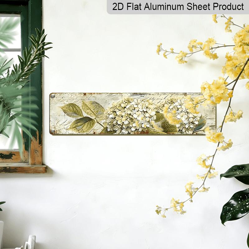 2D Flat, Vintage Hydrangea Metal Wall Art - 3.94 X 15.74inch, UV-Printed Alumium Decorative Sign with Realistic White Flowers and Green Leaves