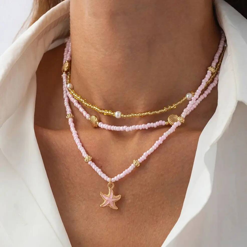 Ingemark 3Pcs/Set Boho Starfish Pendant Choker Necklace for Women Summer Beach Delicate Handmade Beads Chain Neck Jewelry Gift