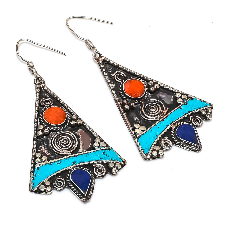 Coral Turquoise Lapis lazuli Earring Tibetan Vintage Nepali Jewelry 2.7" NE 5318