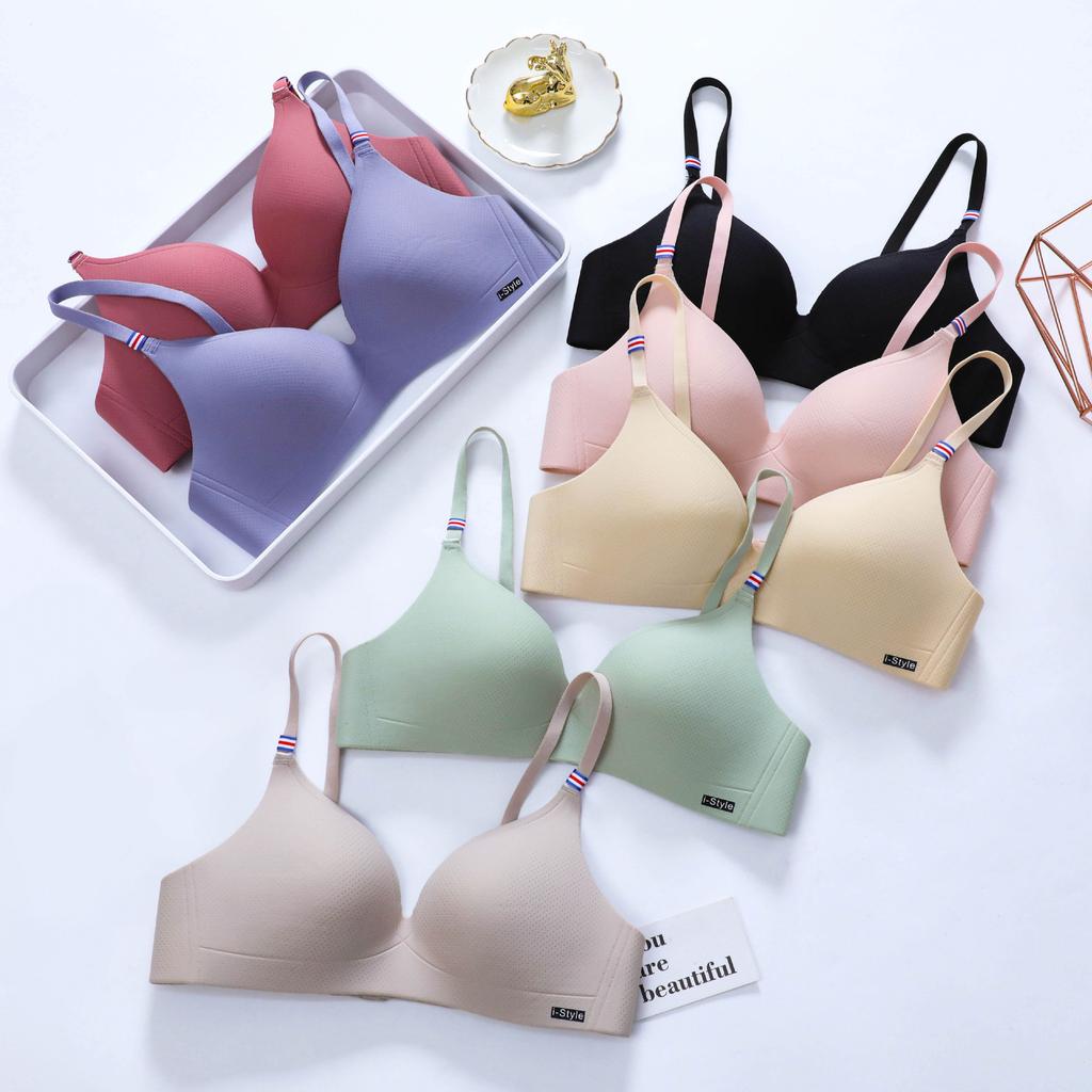 Popular French simple British ice silk bra one-piece thick cup girl gathering steel rimless underwear