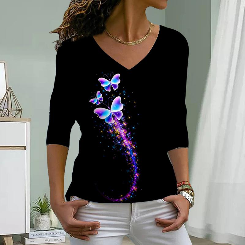 Long Tailed Butterfly Print Women Tshirts Ladies Tops Long Sleeve V-neck Pullover Femme T-shirts T Shirt For Women
