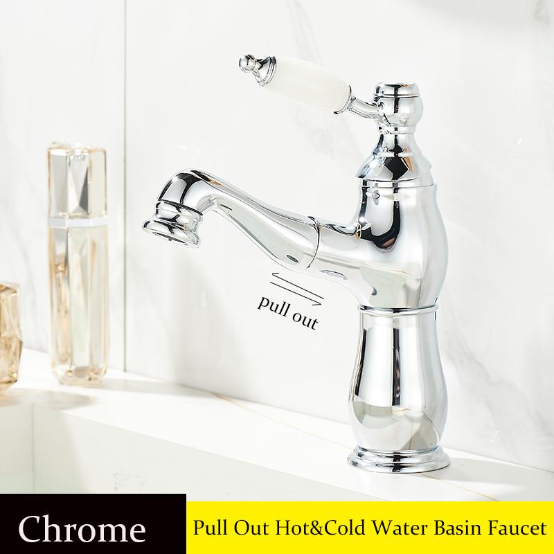 BAKALA Pull Out Bathroom Basin Sink Faucet Hot Cold Water Mixer Tap Golden Faucets Crane with Spray Tall Bathroom Faucet