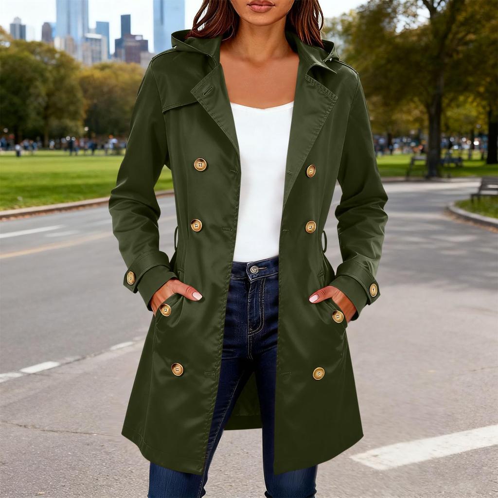 Women's Fashion Solid Color Collar Long Sleeve Double Breasted Windbreaker With Belt Coat
