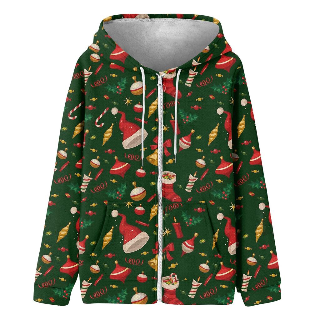Женская модная повседневная толстовка с рождественским принтом и длинными рукавами, карманная куртка, пальто с капюшоном на молнии
