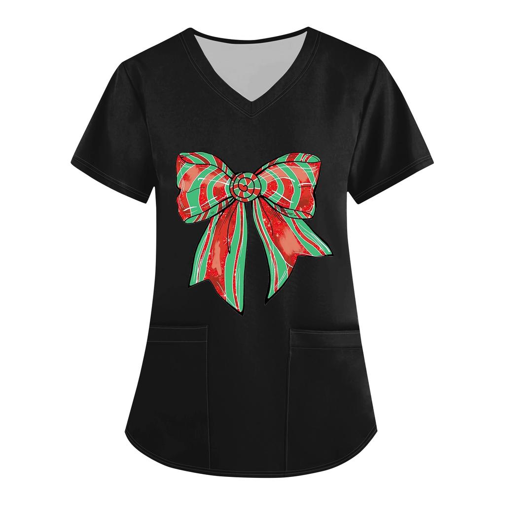 Women's Christmas Printed Uniform Work Uniform V-Neck Pocket Protective Work Uniform