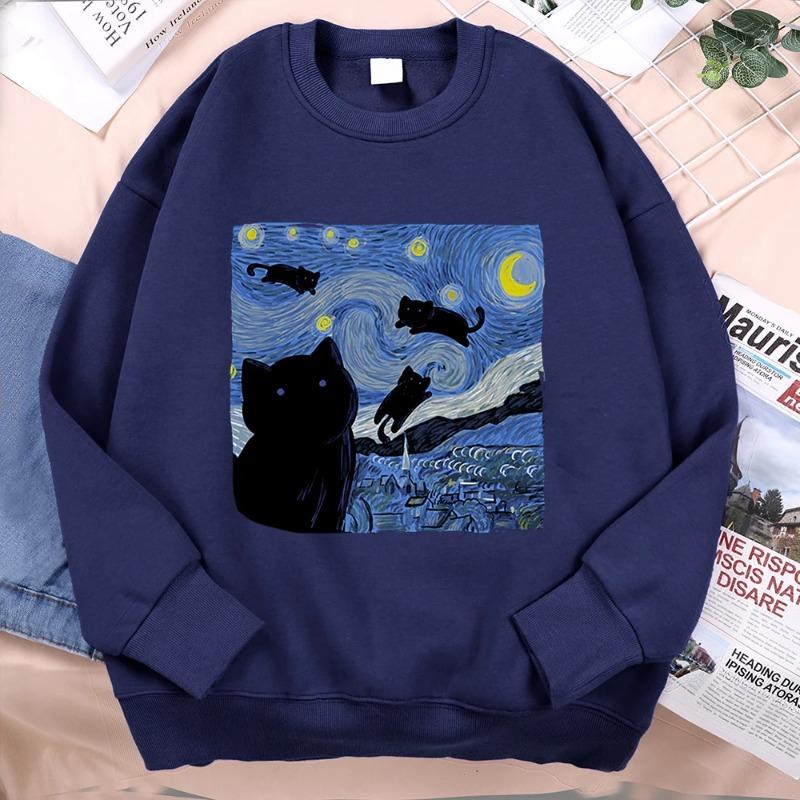 Oil Painting The Starry Cat Night Clothing Men Women Fashion Casual Hoodies Fleece Pullover Sportswear O-Neck Clothes Pullovers & Long Sleeves Women’s