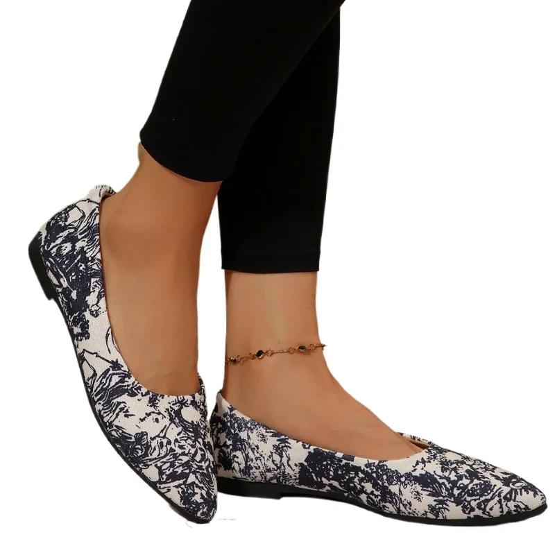 2024 Модная женская обувь на плоской подошве, горячая распродажа, большие размеры, однотонные повседневные туфли на плоской подошве, сексуальные туфли с острым носком на низком каблуке