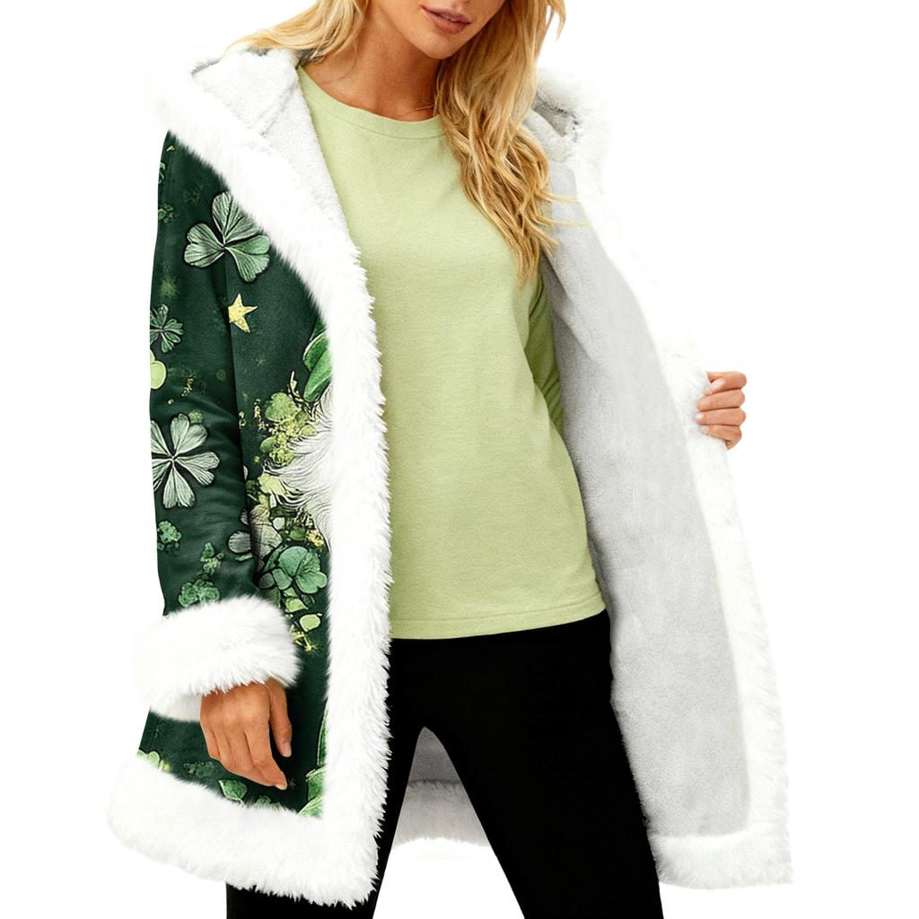 Unisex Casual And Fashionable Plush Collar Hooded Long Sleeved St. Patrick's Print Jacket