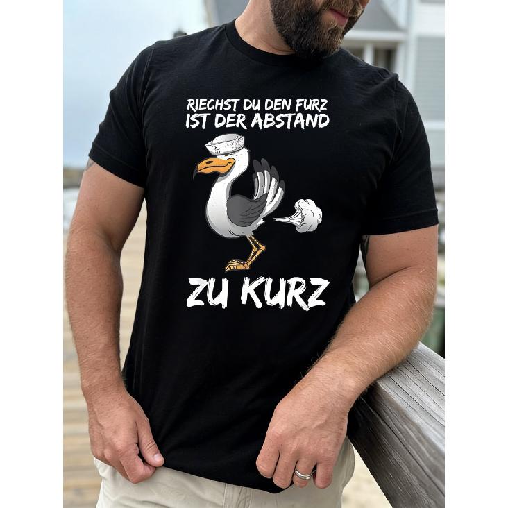 Men'S T-Shirt Black Seagull with Hat And Text Riechst Du Den Furz Ist Der Abstand Zu Kurz Humor for Beach Or Casual Wear, Plus Size