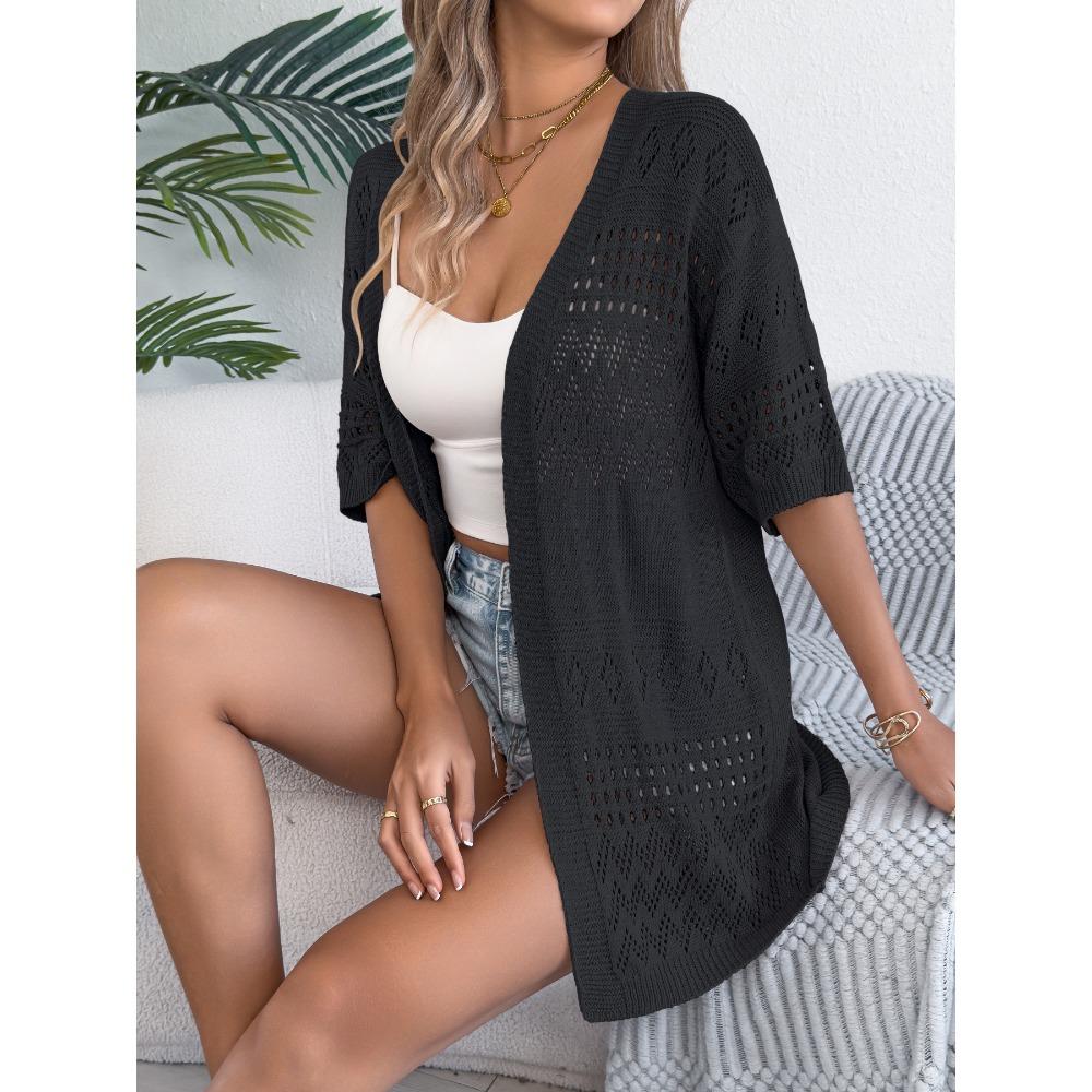 Женский весенне-летний повседневный однотонный трикотаж с вырезом и средним рукавом для праздников