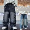 Boys Retro Jeans Spring Autumn Teenager Children Fried Street Handsome Straight Loose Wide-leg Pants Kids Cargo Denim Jeans