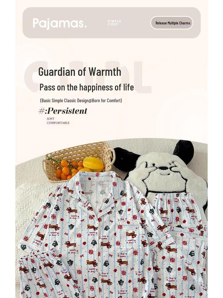 Мультяшный Дачхунд в горошек и полоску Женский пижамный комплект - С коротким рукавом, в корейском стиле, Домашняя одежда из трех предметов.