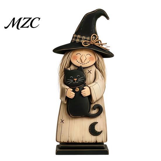 Autumn Seasonal Decorations for Mantle Wooden Witch Ornament, Retro Halloween Figurine with Broom/Pumpkin/Black Detailed Carving Cat, Creative