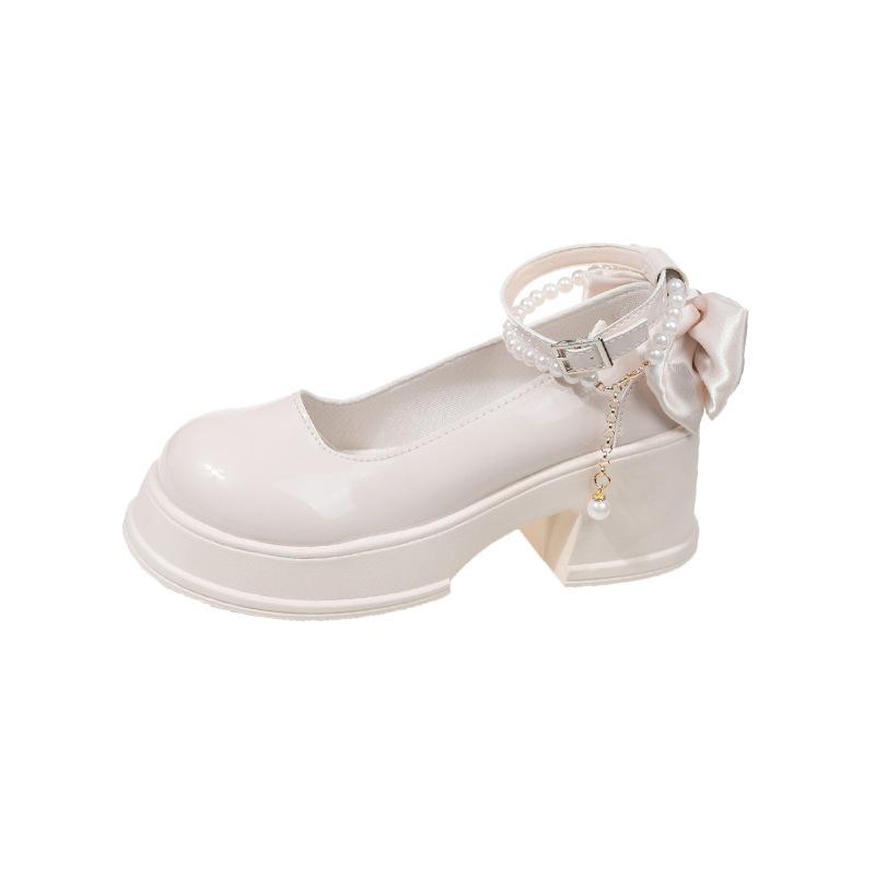 Fashion Pink Beaded Mary Jane Shoes Women's High-heeled Shoes Spring Autumn Wear Round Toe Shallow Sakura Pink Jk Uniform Platform Shpes