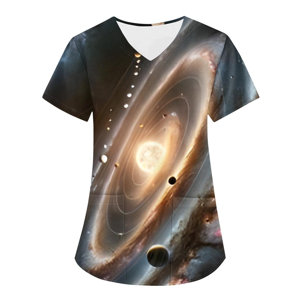 Женская модная астральная принтованная футболка с коротким рукавом и V-образным вырезом с маленьким карманом