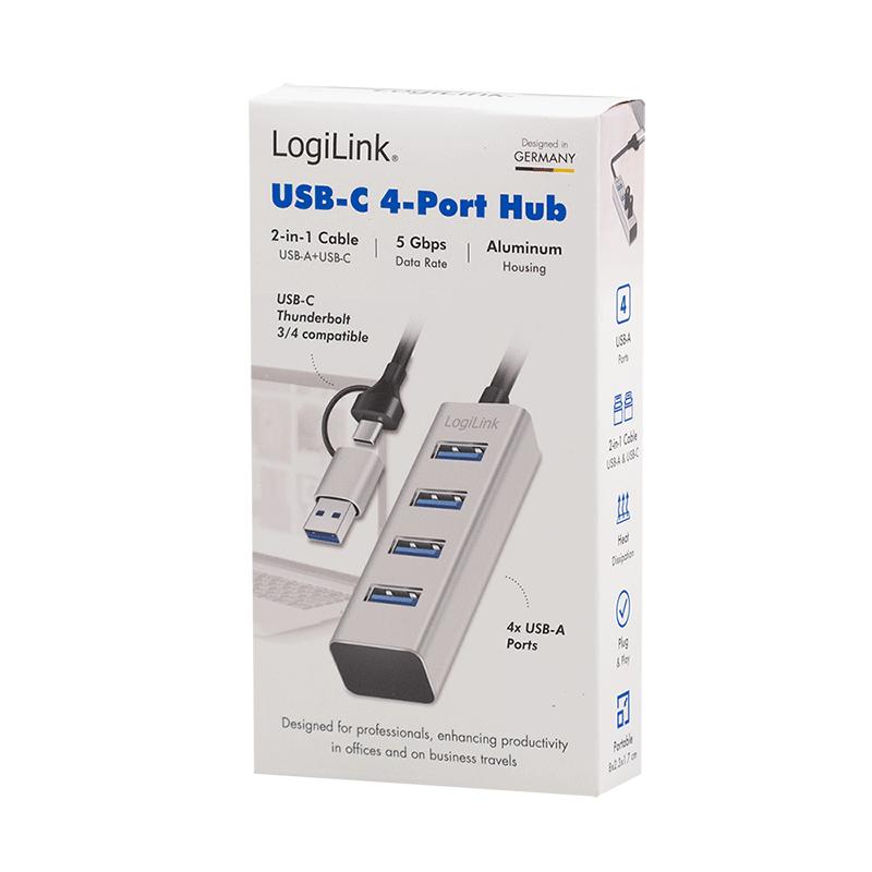 LogiLink USB 3.0 Splitter 4x USB-A with 2-in-1 USB-A/USB-C 5Gbs Cable Silver