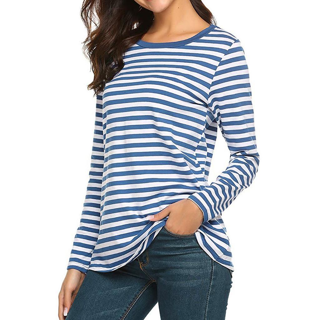 Women's Casual Long Sleeve Round Neck Striped Loose Fit T-Shirt