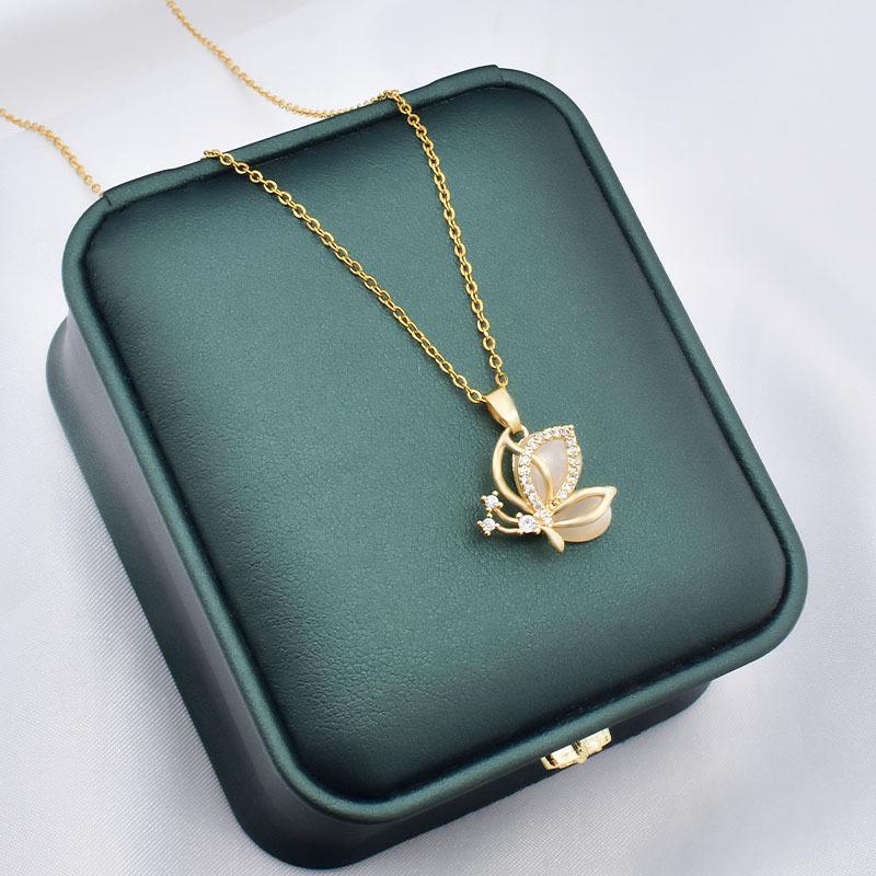 Opal Butterfly Necklace Women'S High-End Simple Temperament Versatile Fresh Collarbone Chain Jewelry