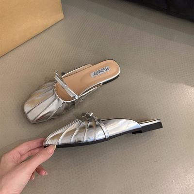 Модные женские туфли-лодочки на низком каблуке серебристого цвета с квадратным носком, туфли на плоской подошве для женщин, балетки, удобные женские сандалии с бантом