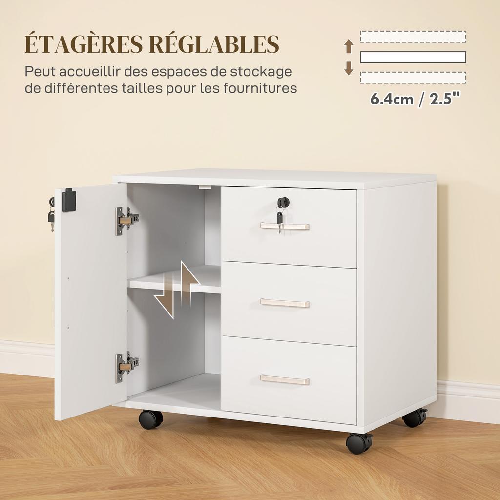 Office pedestal lockable storage unit with 3 drawers and adjustable shelf, wheels, 40 x 60 x 56 cm, white