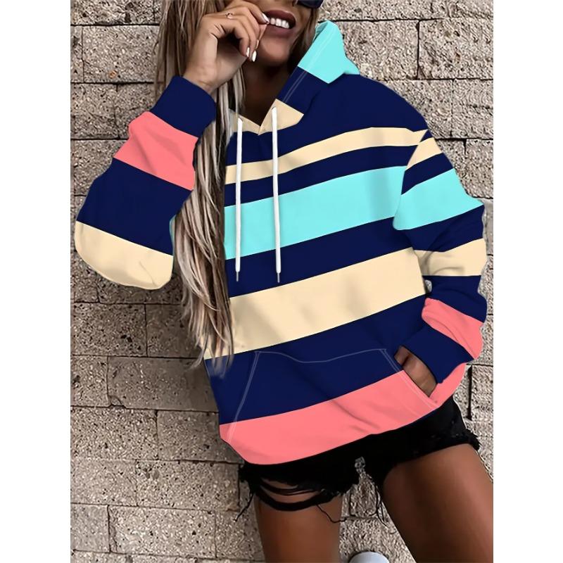 Women's hooded sweatshirt with pink, blue, beige and other color stripes on dark blue background - trendy and simple