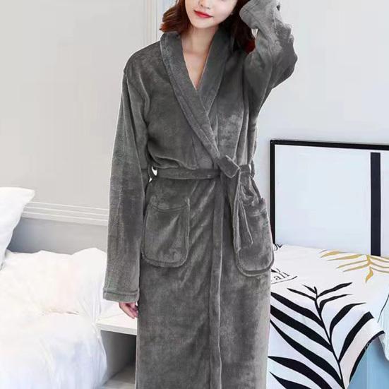 Men Women Plush Fleece Bath Robe Knee-Length Lapel Tie Design Water Absorbent Winter Loungewear Daily Wear Sleepwear