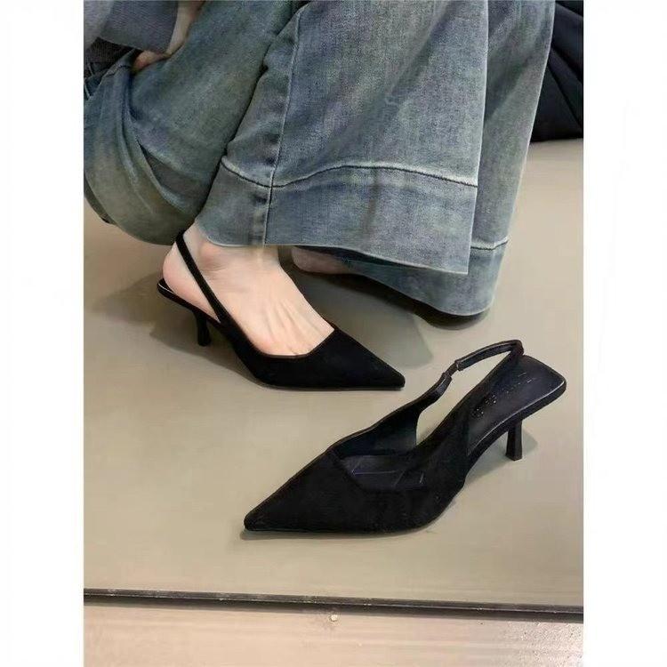 Черные универсальные босоножки на высоком каблуке с заостренным носком 2025 года, французские светские босоножки на высоком каблуке, женская верхняя одежда