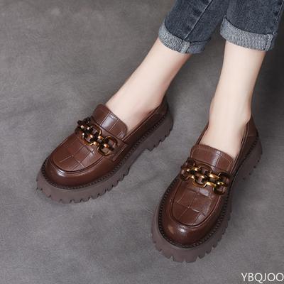 Модные толстые мокасины женские из натуральной коровьей кожи туфли на платформе с круглым носком металлические цепочки женские туфли на плоской подошве ручной работы