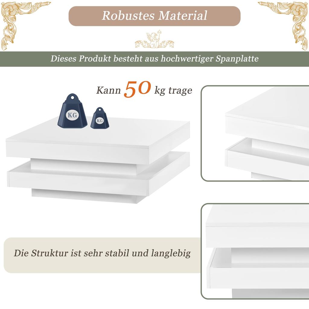 Журнальный столик Белый глянцевый Современная вращающаяся столешница, Белая 16-цветная светодиодная подсветка, Стиль техно, Диванный столик, Кофейный столик, 70x70x36см