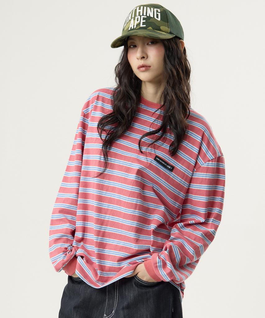 UNKNOWN PLANET Ivy Stripe Round Long Sleeve T-Shirt Pink