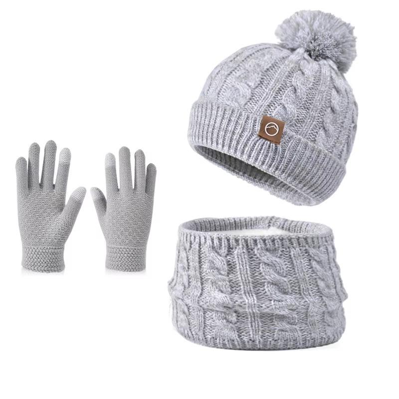 3pcs/set Winter Kids Beanie Hat Scarf Gloves Plush Warm Children Knitted Hats Set Neck Warmer Outdoor Child Ski Cap