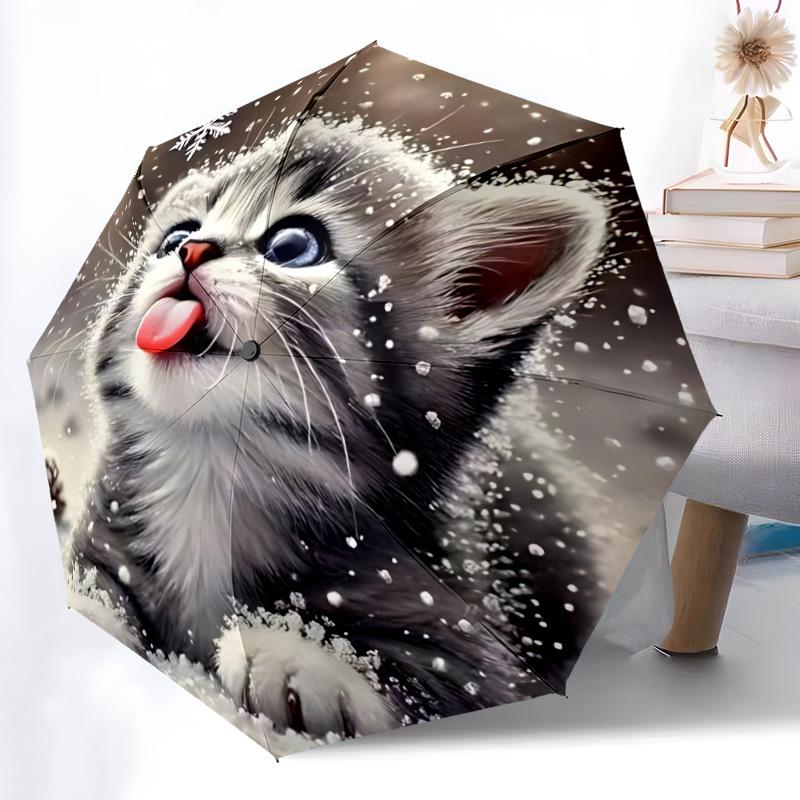 1pc Kitten Snow Open/Close Folding Umbrella, All- Portable Umbrella for & Men, Stylish Accessory (Holiday Gift) 8-Rib yy251213105